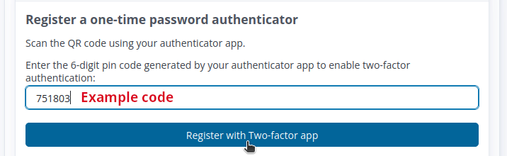 Register with two-factor app screenshot
